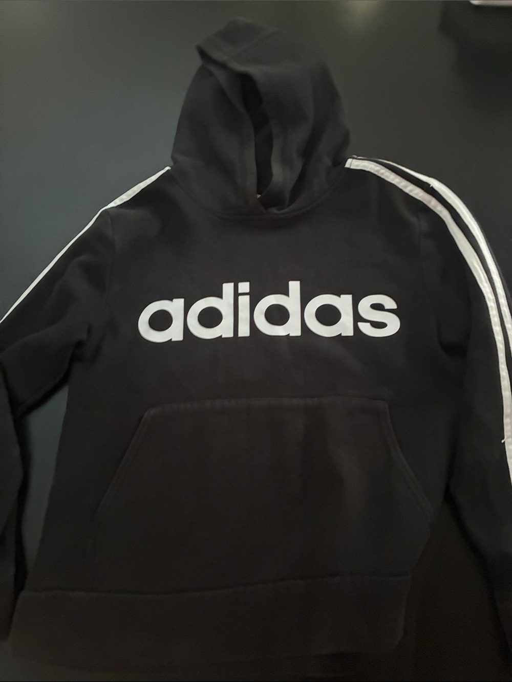 adidas Black Pullover Hoodie with White Logo and Stripes